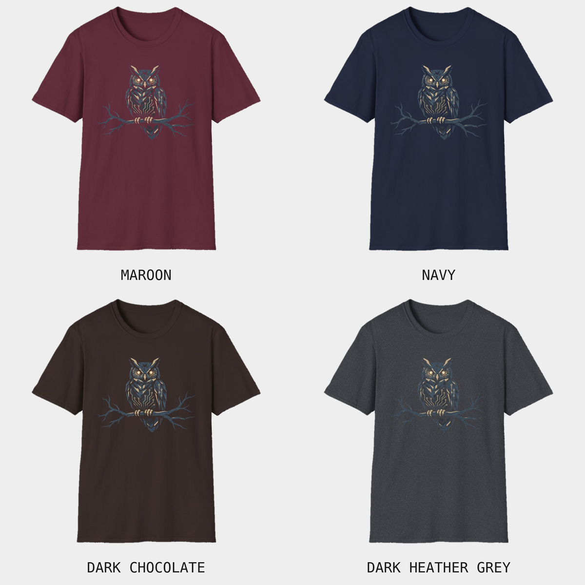 Circuit Owl alternate colors: Maroon, Navy, Dark Chocolate, and Dark Heather Grey