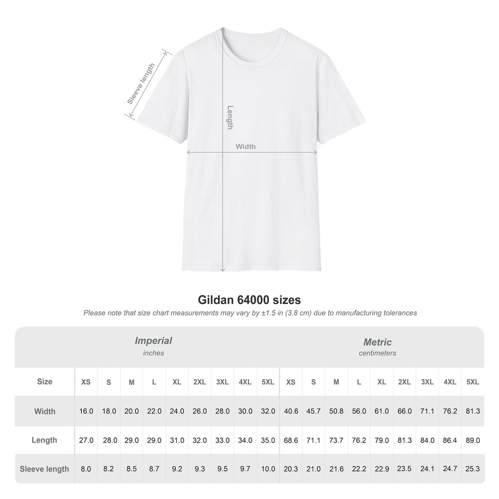 Gildan Softstyle 64000 T-shirt size chart in inches and centimeters