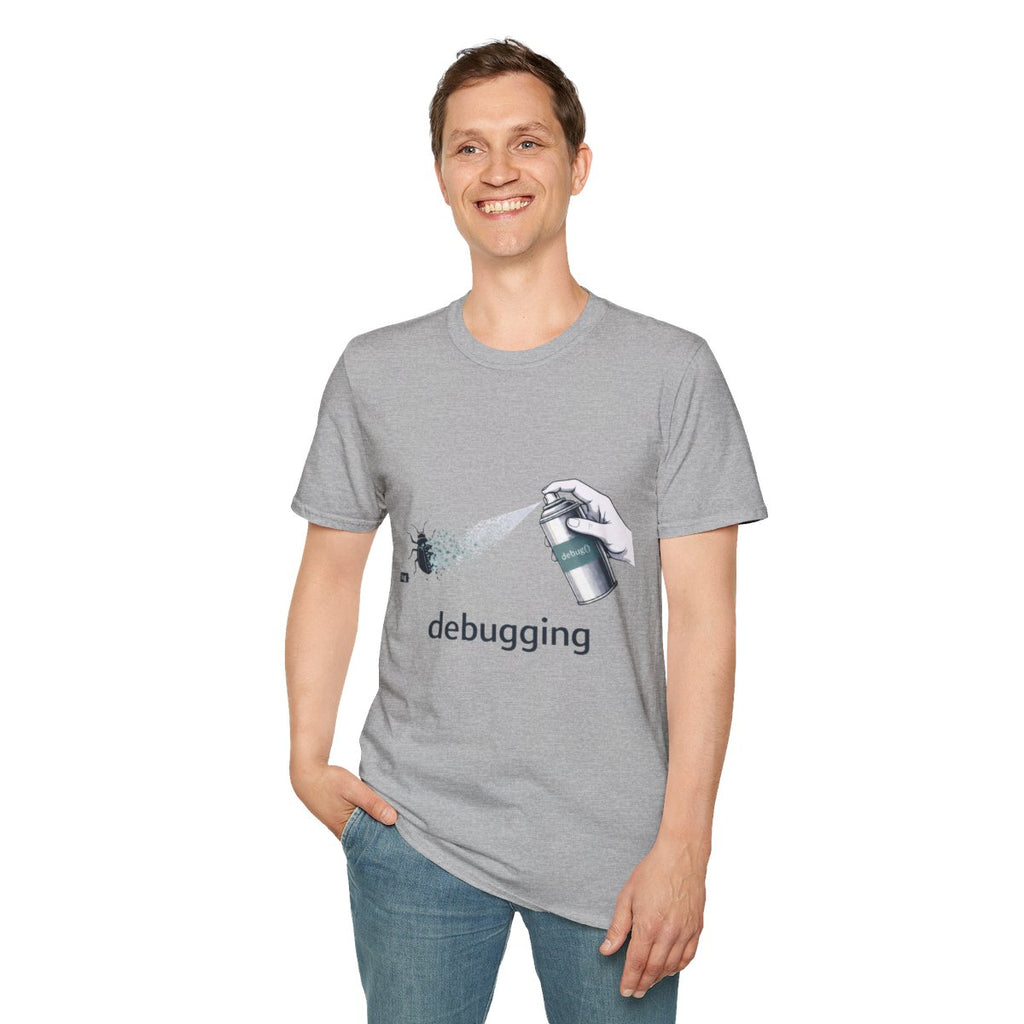 Model wearing the Debugging graphic T-shirt in Sport Grey