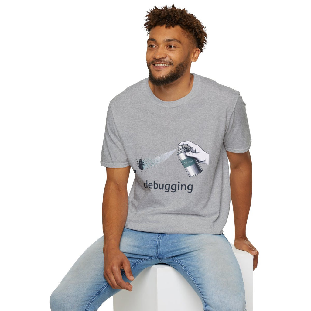 Seated model wearing the Debugging graphic T-shirt in Sport Grey