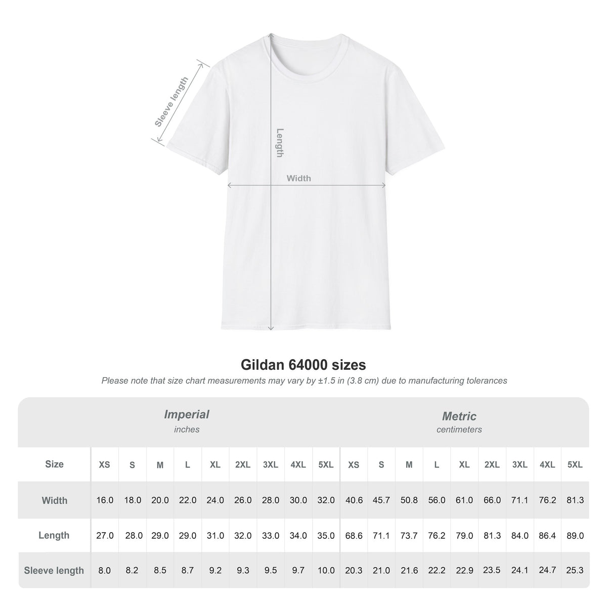 Gildan Softstyle 64000 T-shirt size chart for sizes S through 3XL